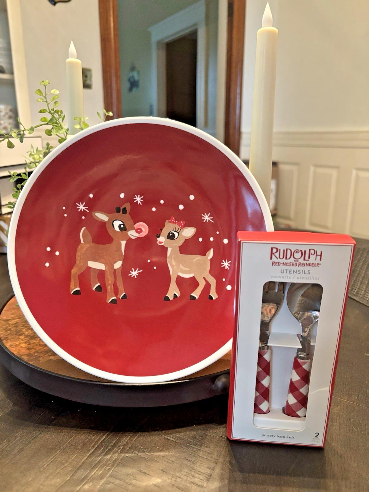 Pottery Barn Rudolph holiday Santa Christmas dinner PLATE UTENSIL party SET KID