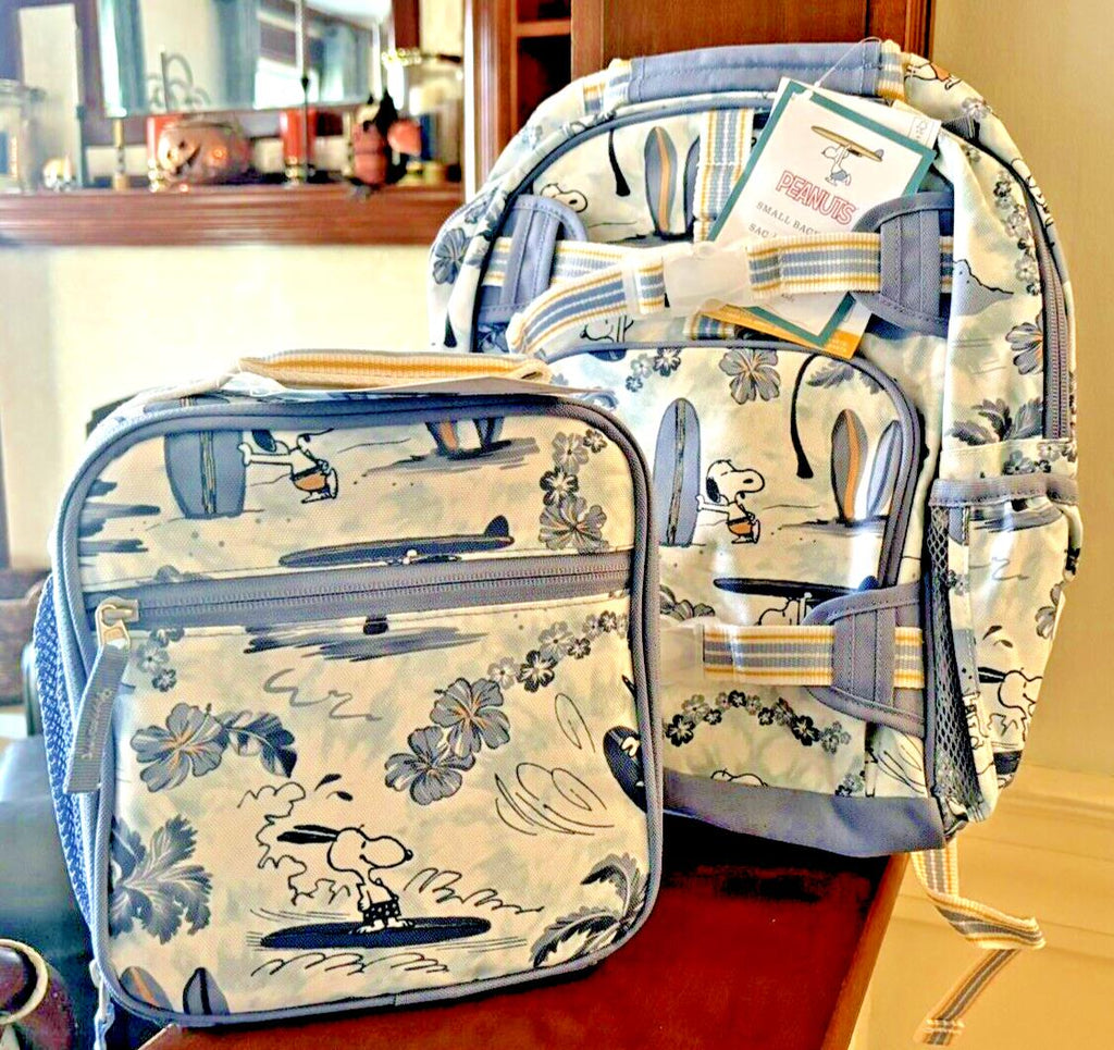 School Pottery barn Kids SNOOPY BACKPACK LUNCH BOX Peanuts Utensils travel Bag .