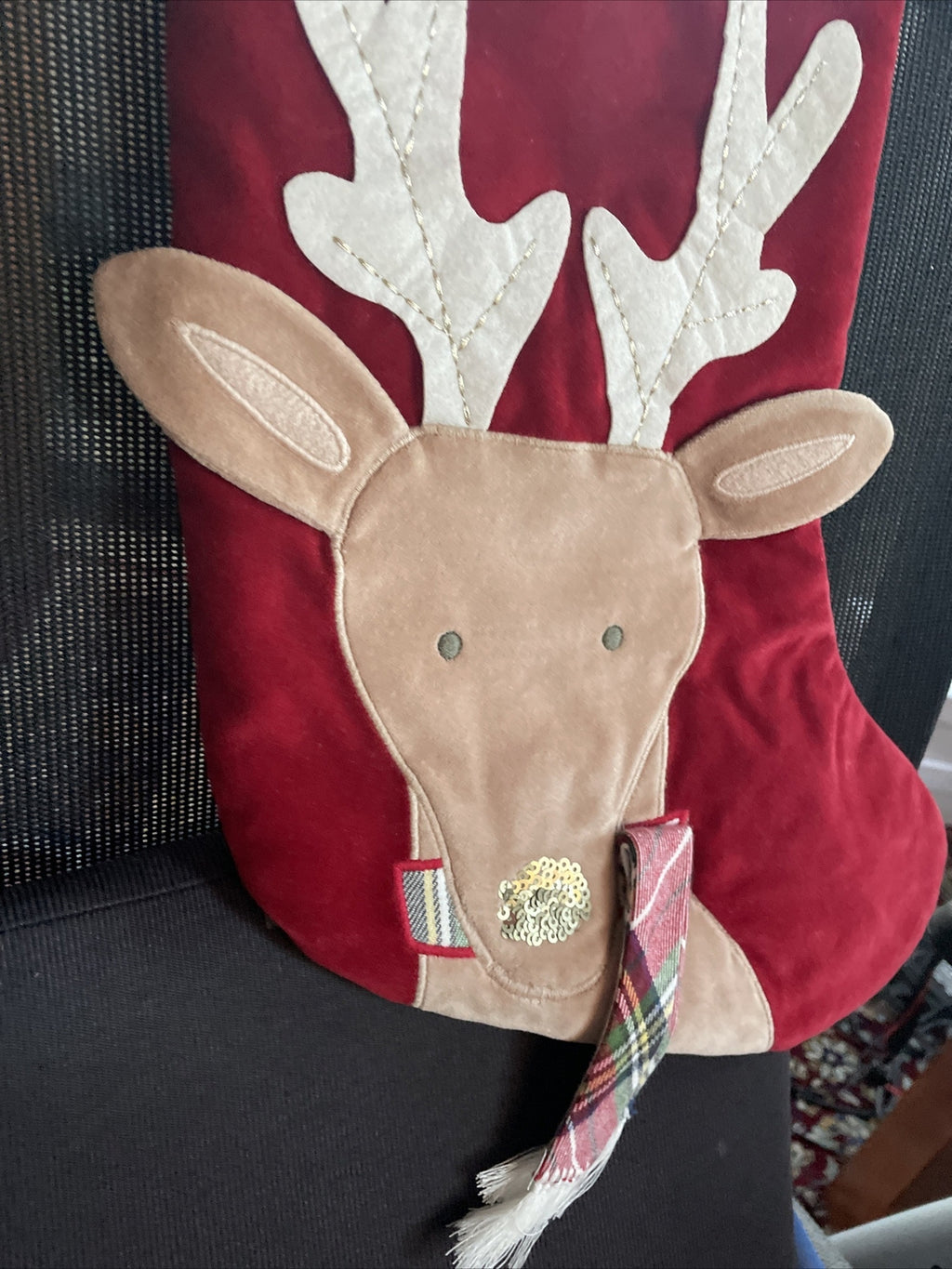 Pottery Barn Holiday Christmas stocking Velvet Reindeer gift party Disney kid