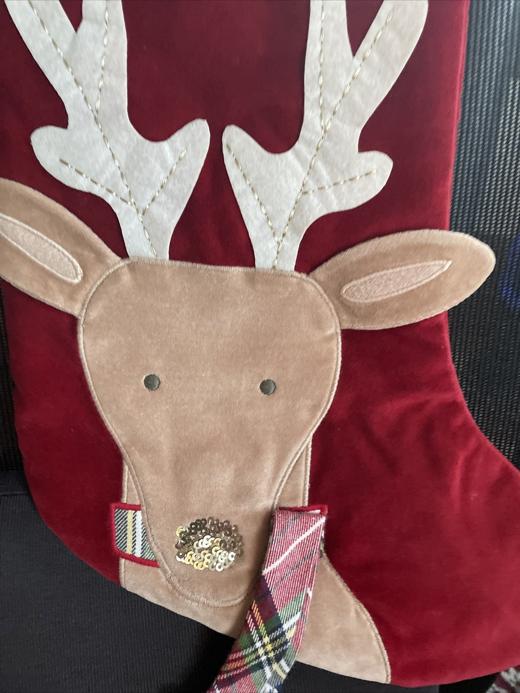 Pottery Barn Holiday Christmas stocking Velvet Reindeer gift party Disney kid