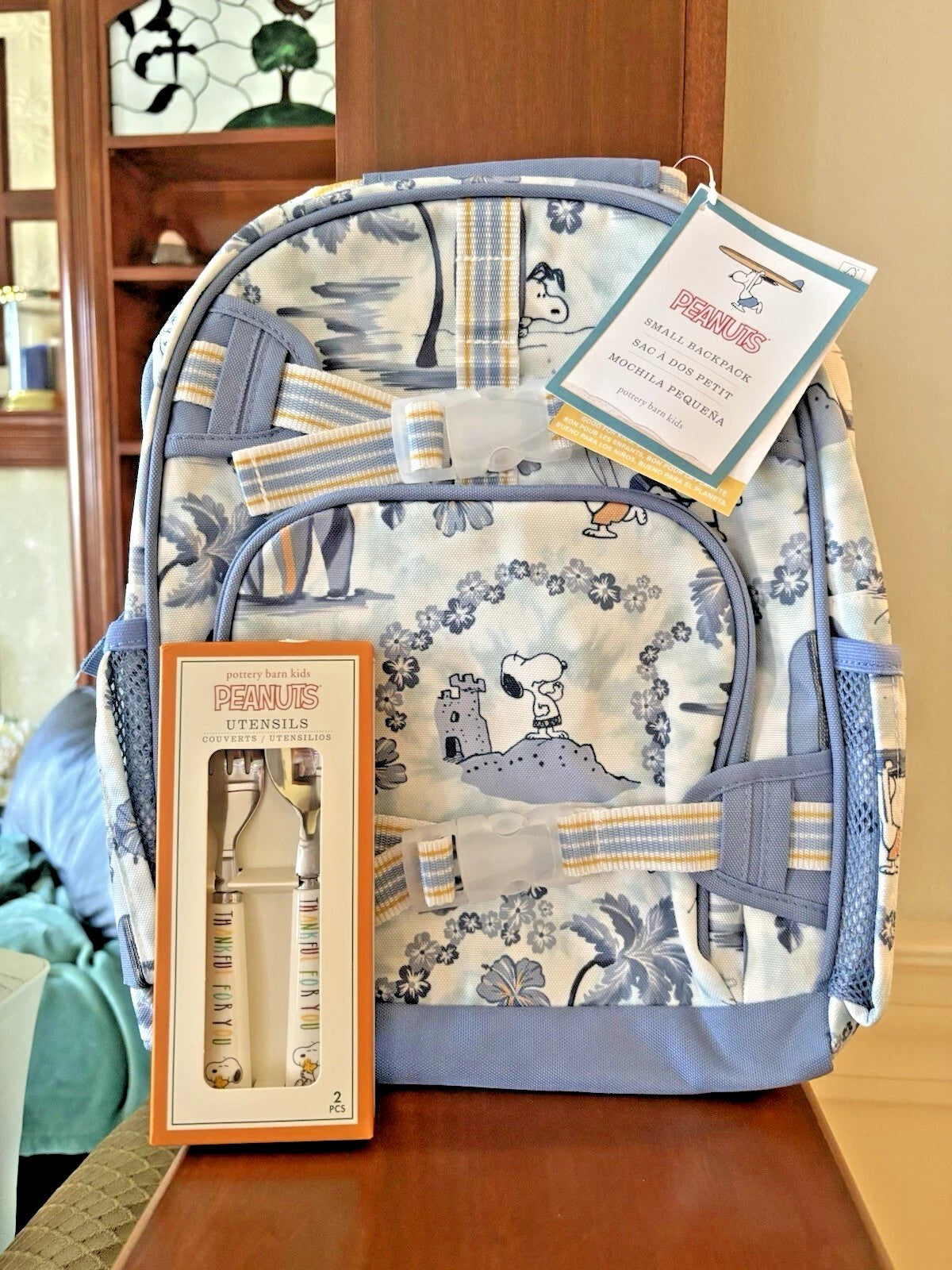 School Pottery barn Kids SNOOPY BACKPACK LUNCH BOX Peanuts Utensils travel Bag .