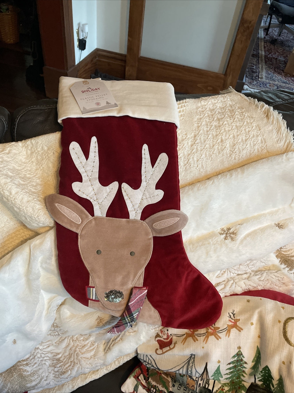 Pottery Barn Holiday Christmas stocking Velvet Reindeer gift party Disney kid