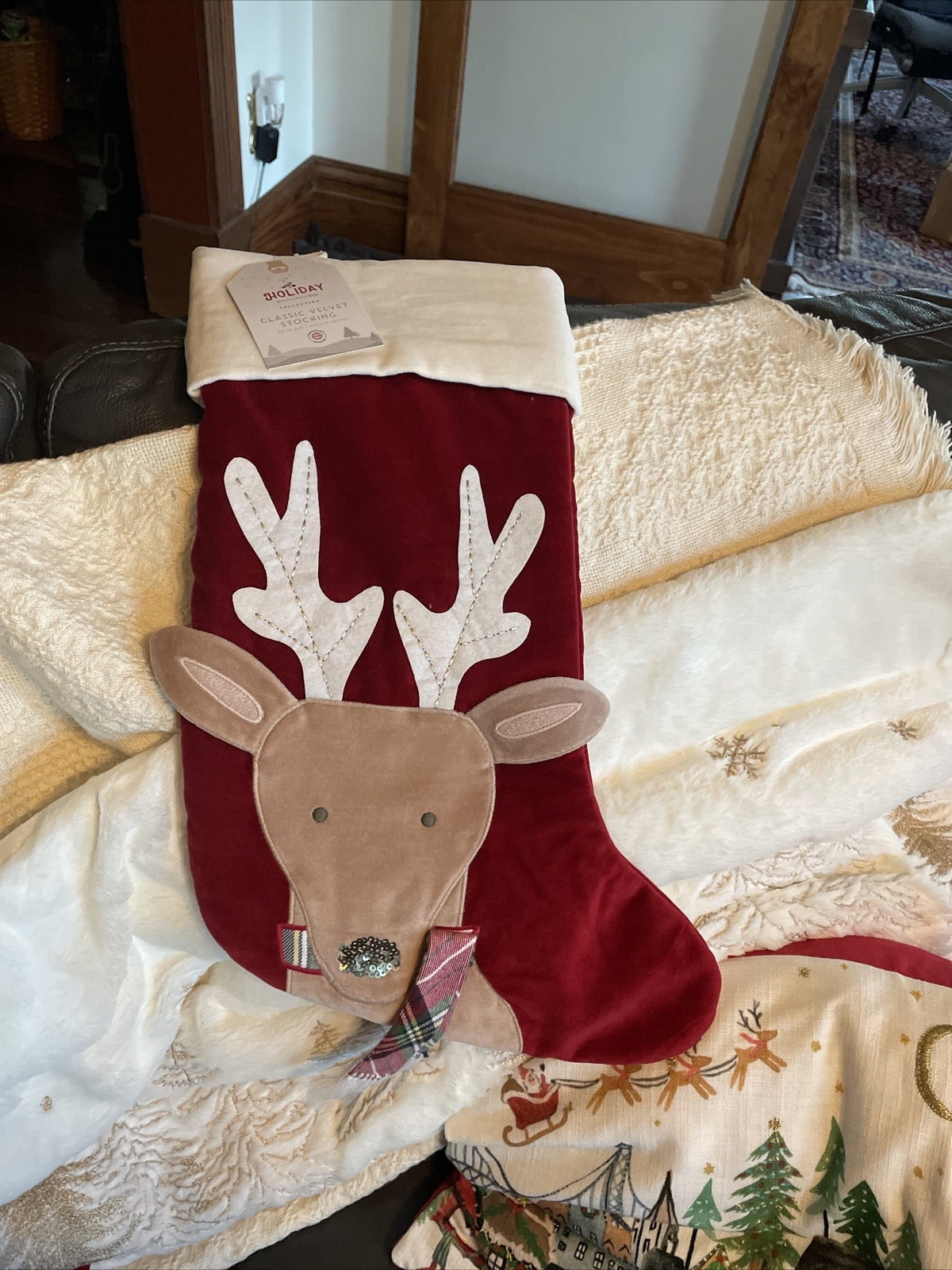 Pottery Barn Holiday Christmas stocking Velvet Reindeer gift party Disney kid