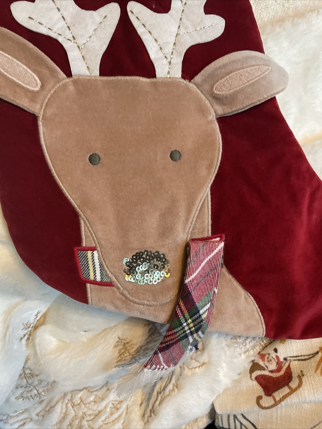 Pottery Barn Holiday Christmas stocking Velvet Reindeer gift party Disney kid