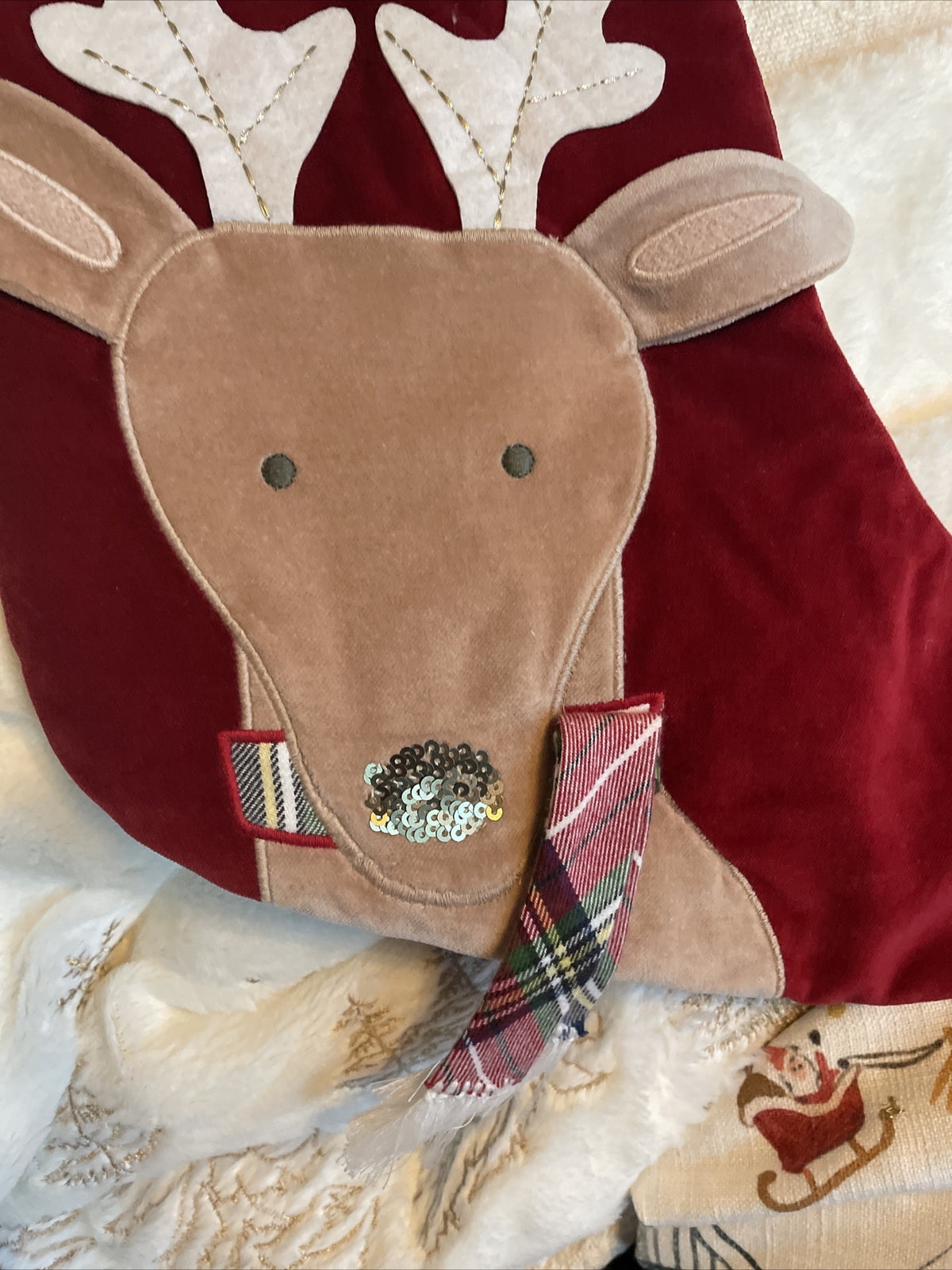 Pottery Barn Holiday Christmas stocking Velvet Reindeer gift party Disney kid