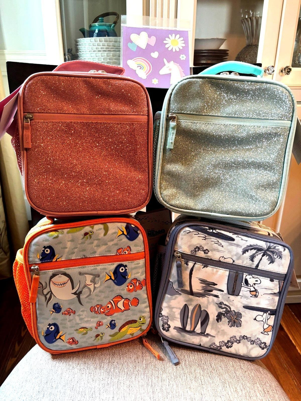 Pottery Barn Kids School Disney Glitter Snoopy LUNCH BOX travel Bag Grinch .