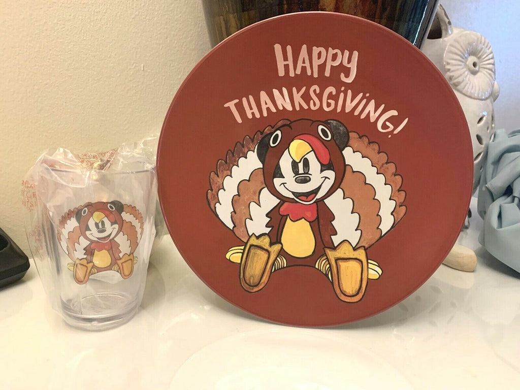 Disney Pottery Barn Mickey Mouse Plate Cup Thanksgiving holiday turkey kid \