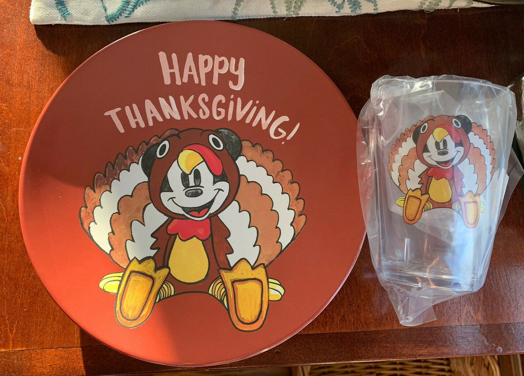 Disney Pottery Barn Mickey Mouse Plate Cup Thanksgiving holiday turkey kid \