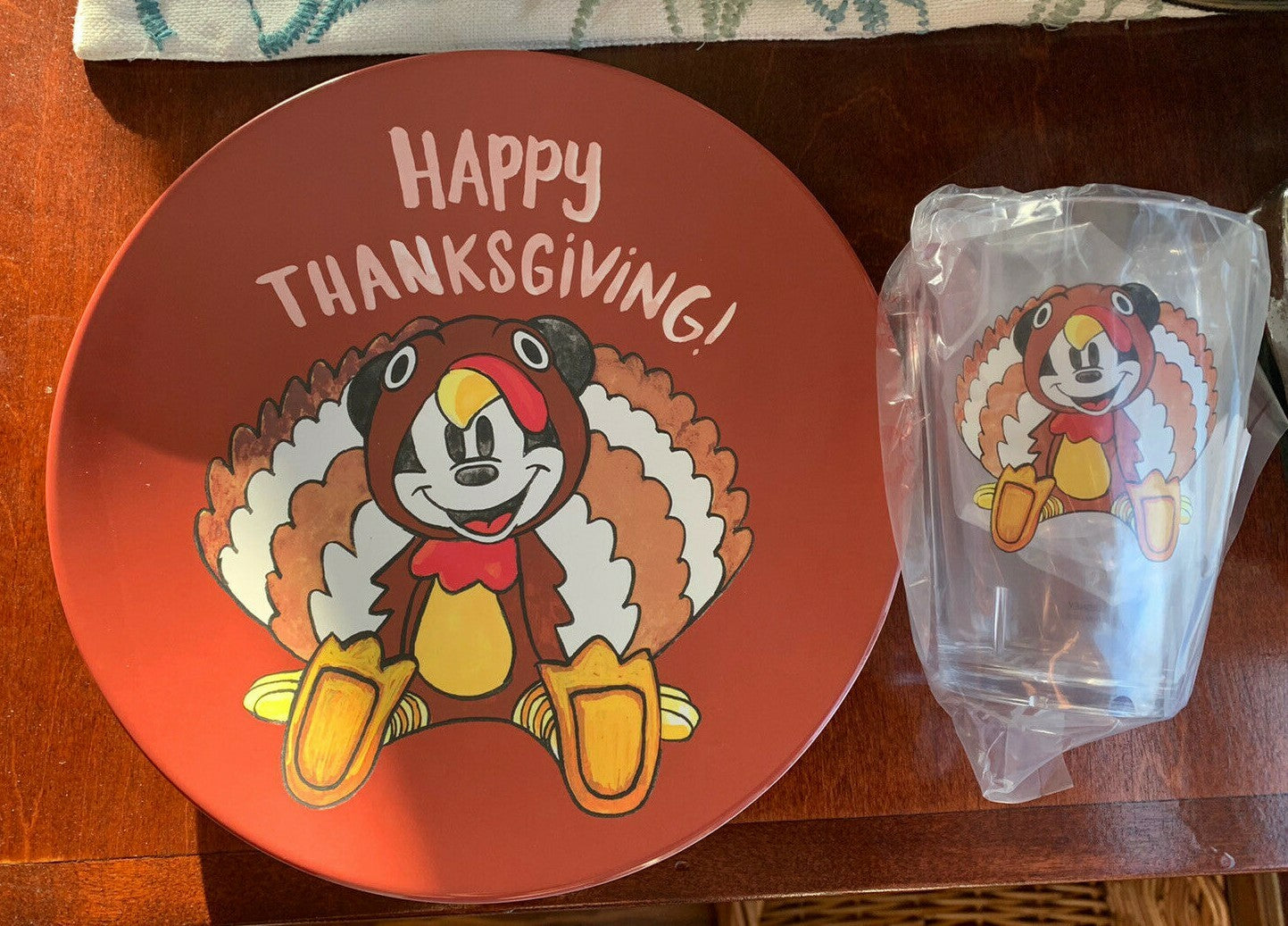 Disney Pottery Barn Mickey Mouse Plate Cup Thanksgiving holiday turkey kid \