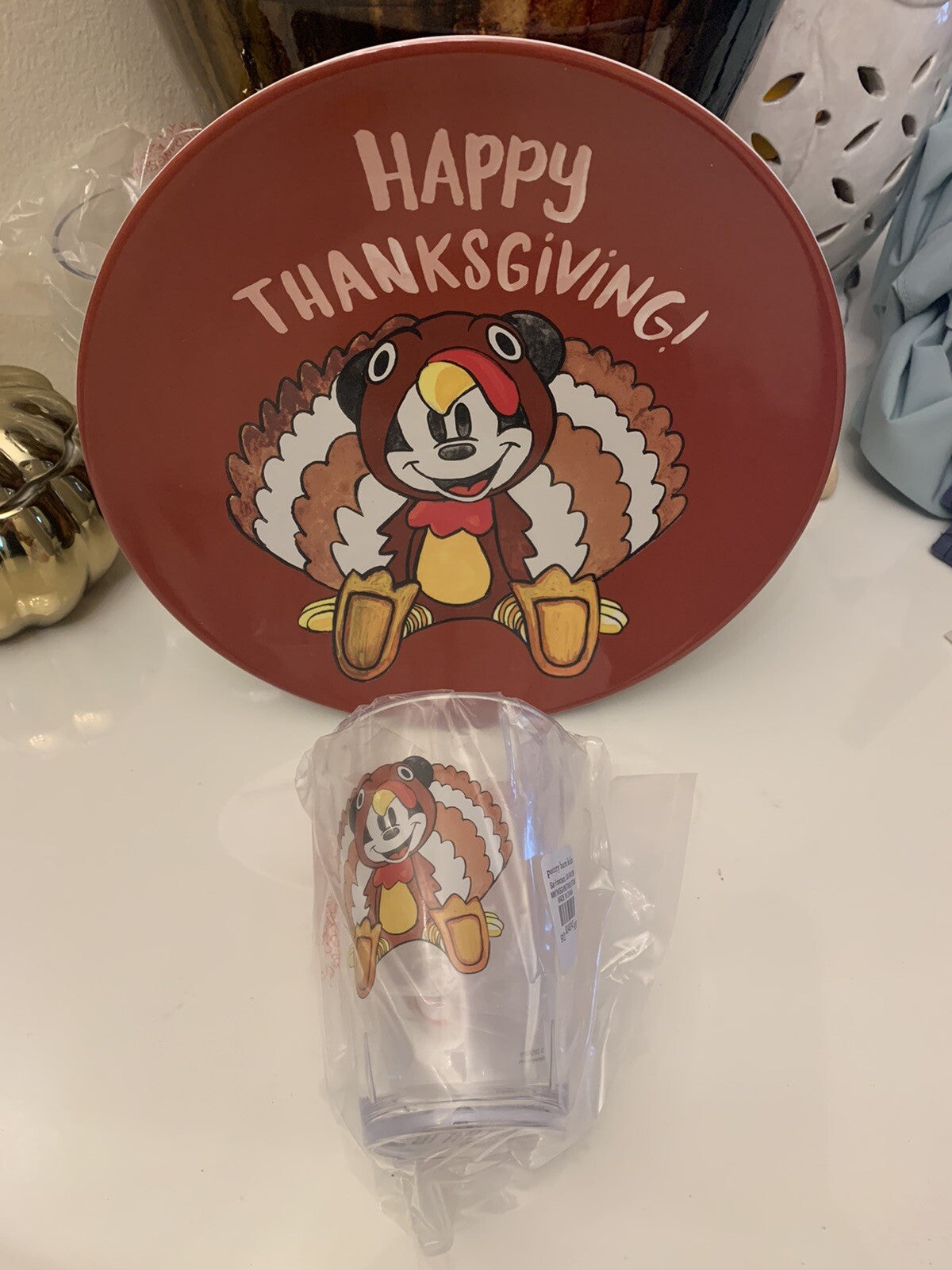 Disney Pottery Barn Mickey Mouse Plate Cup Thanksgiving holiday turkey kid \