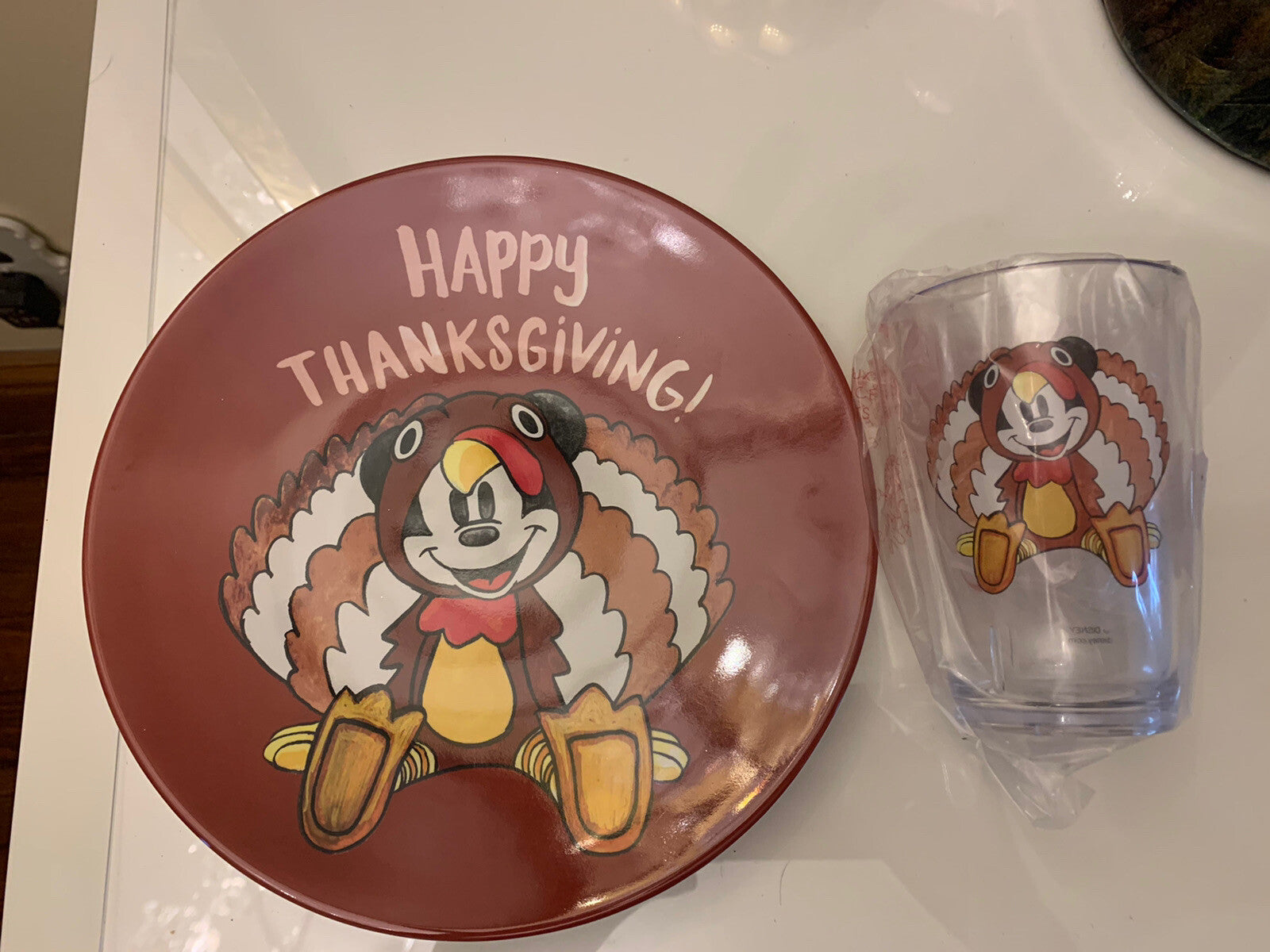 Disney Pottery Barn Mickey Mouse Plate Cup Thanksgiving holiday turkey kid \