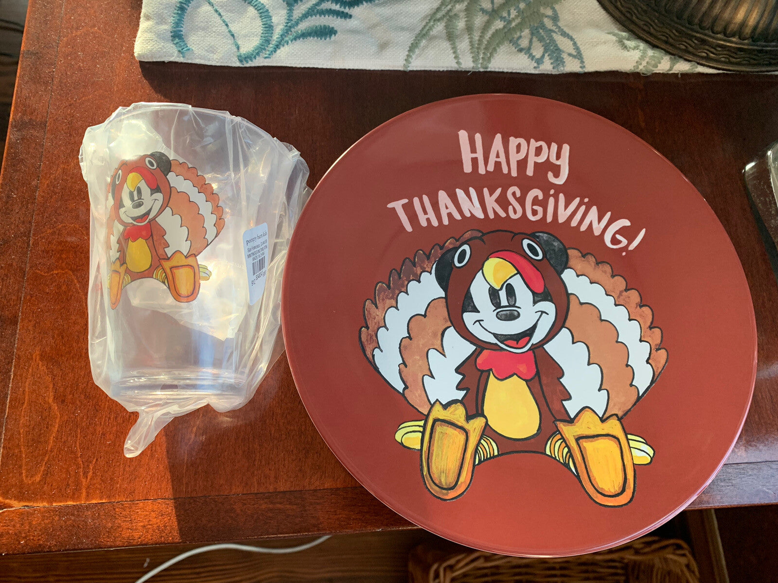 Disney Pottery Barn Mickey Mouse Plate Cup Thanksgiving holiday turkey kid \