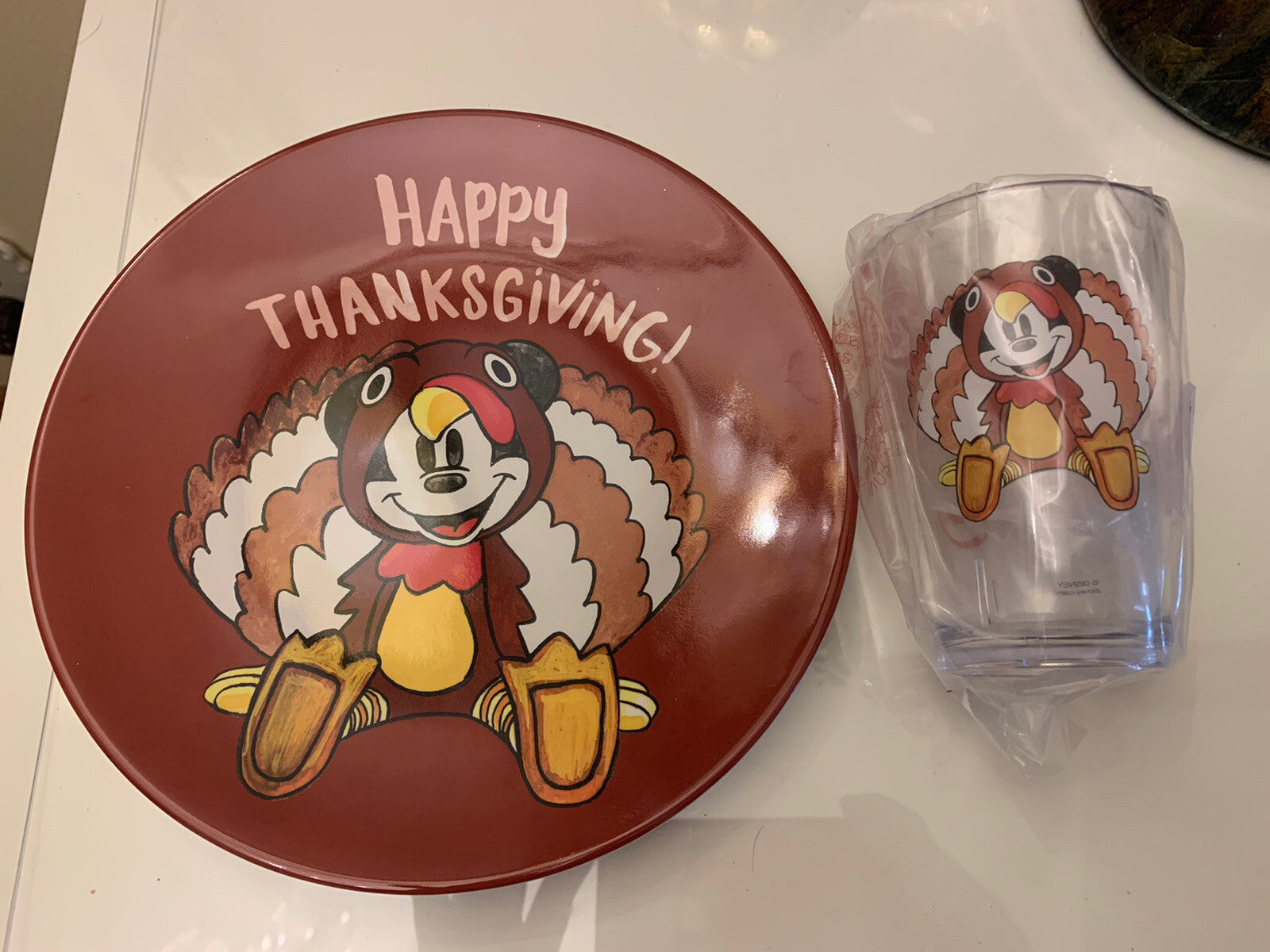 Disney Pottery Barn Mickey Mouse Plate Cup Thanksgiving holiday turkey kid \