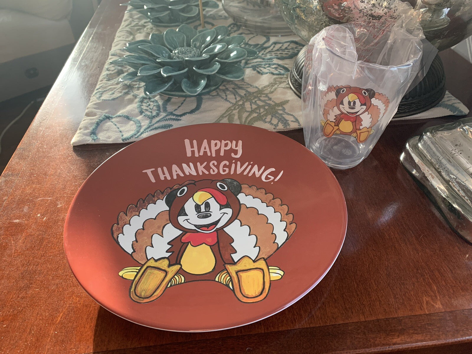 Disney Pottery Barn Mickey Mouse Plate Cup Thanksgiving holiday turkey kid \