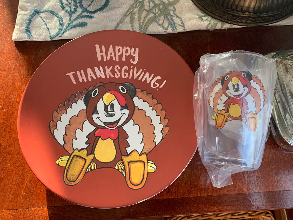 Disney Pottery Barn Mickey Mouse Plate Cup Thanksgiving holiday turkey kid \