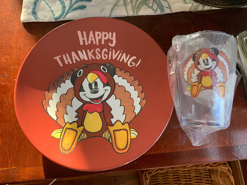 Disney Pottery Barn Mickey Mouse Plate Cup Thanksgiving holiday turkey kid \