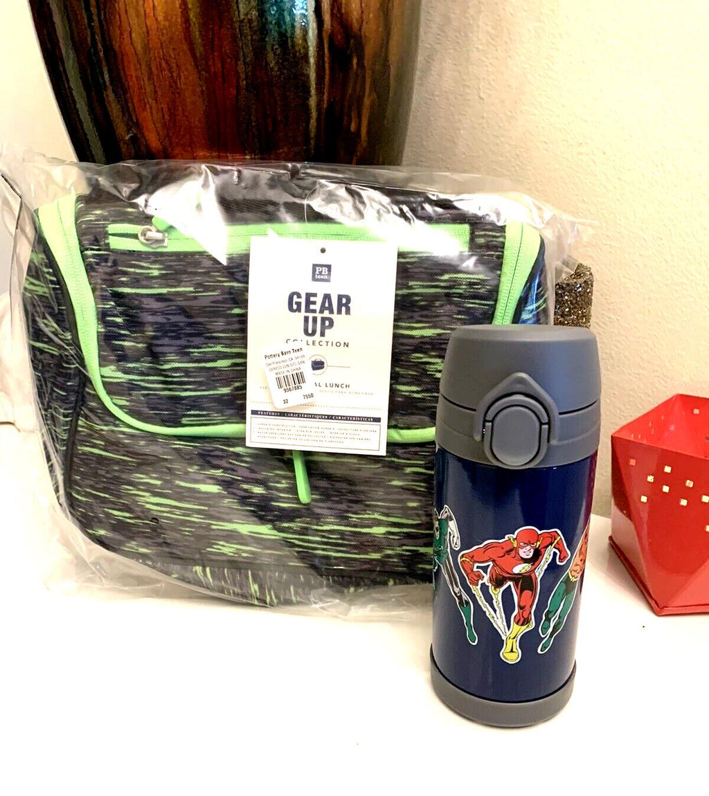 Pottery Barn School Disney Marvel lunch bag superhero +water Justice League boy
