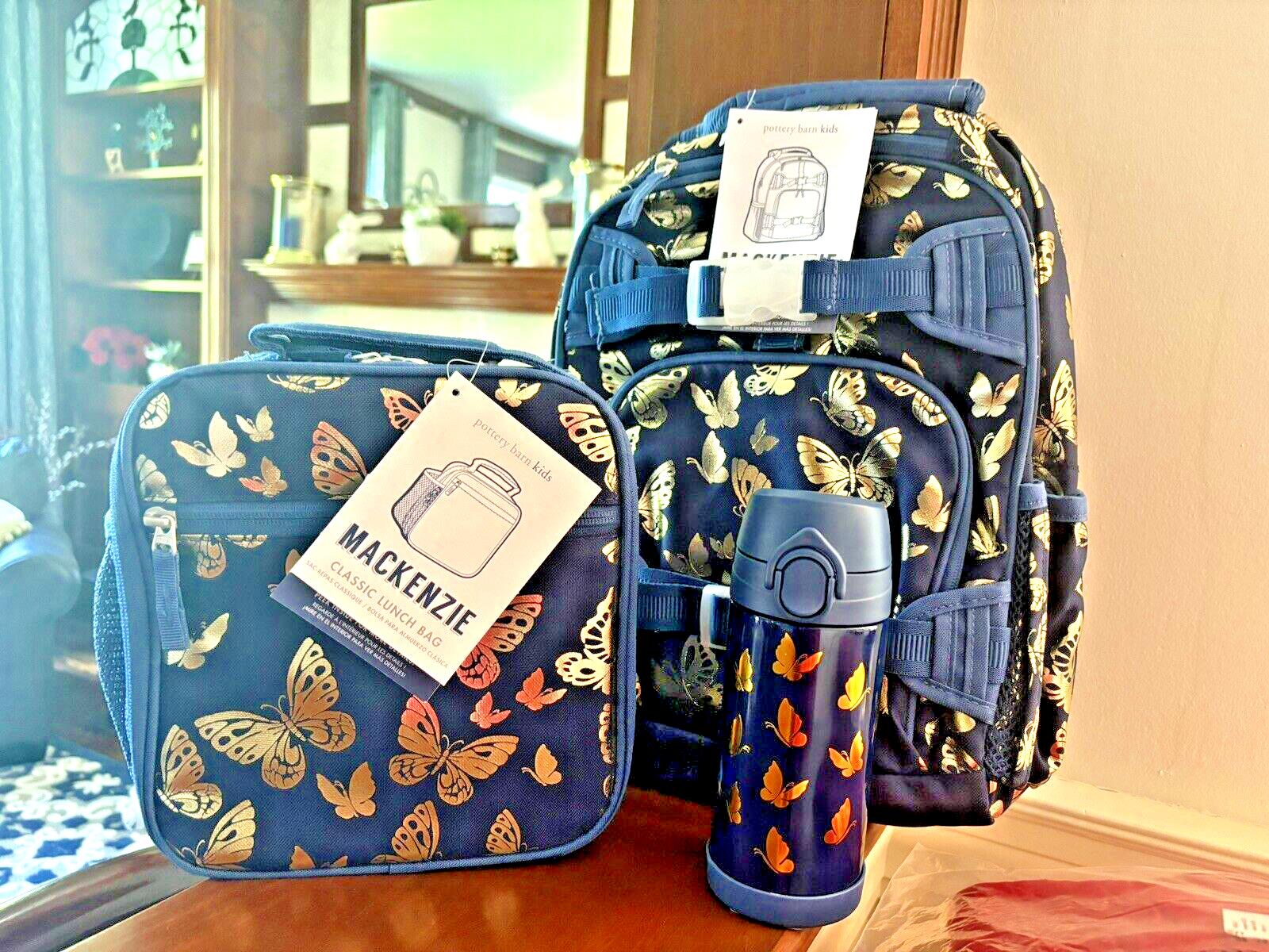 Pottery Barn School Disney glitter BACKPACK +LUNCH bag +Water Travel girl gold .