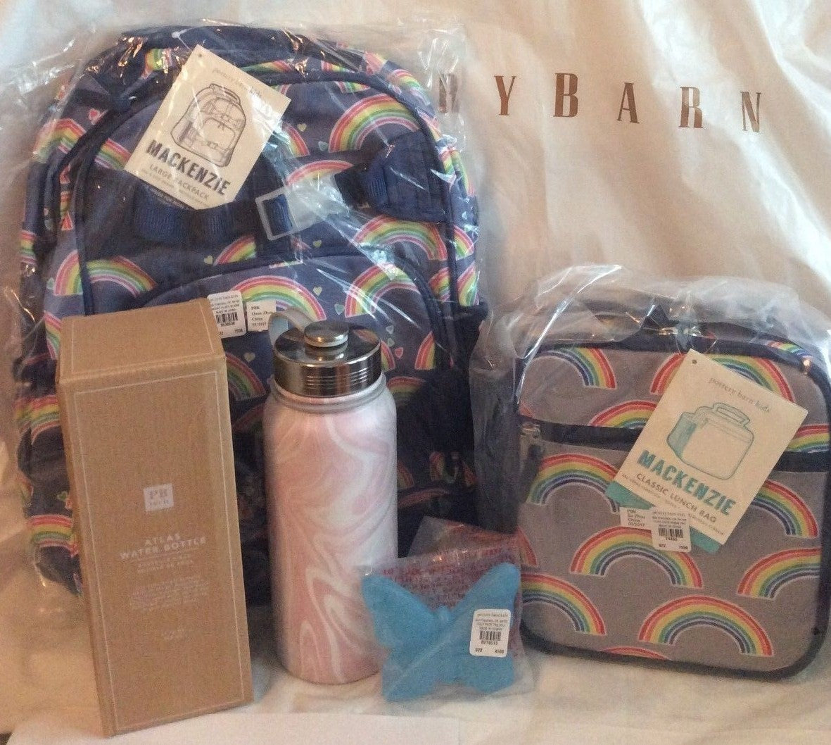 School Pottery barn BACKPACK RAINBOW+LUNCH BOX Butterfly+WATER +Princess SET?? .