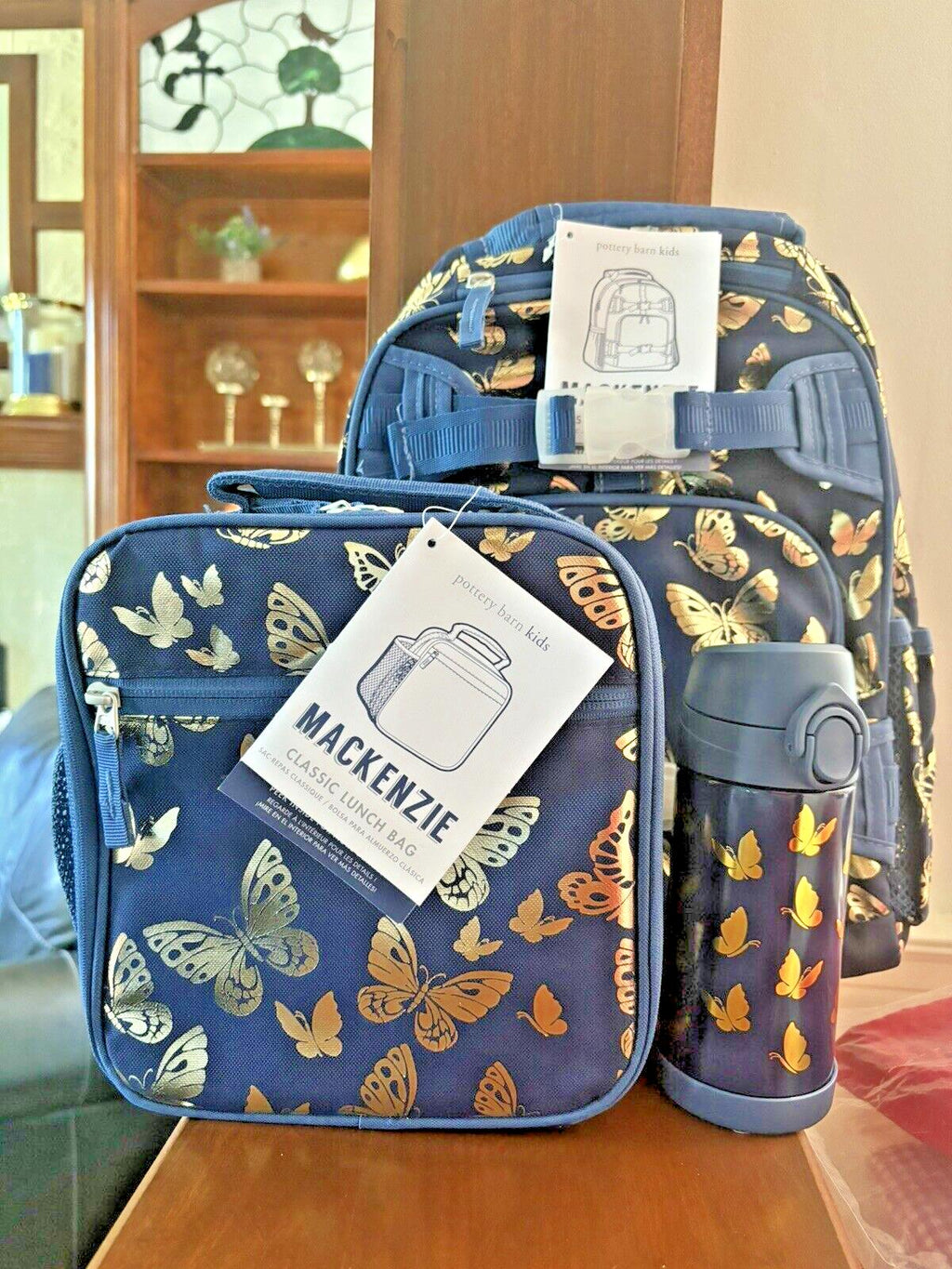 Pottery Barn School Disney glitter BACKPACK +LUNCH bag +Water Travel girl gold .