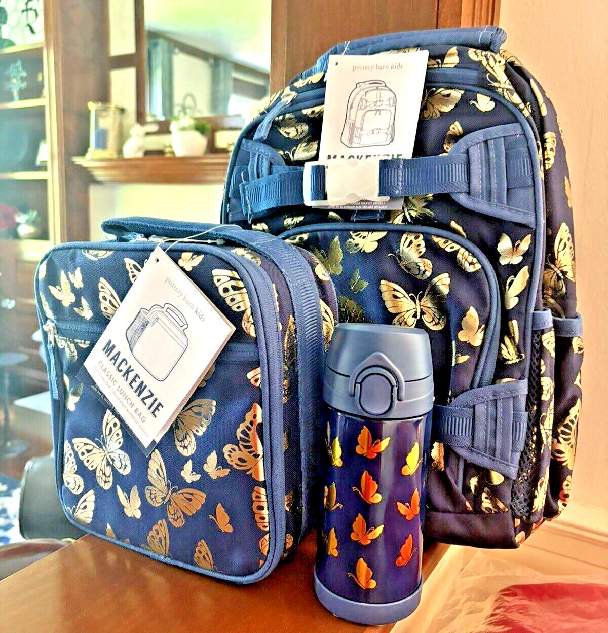 Pottery Barn School Disney glitter BACKPACK +LUNCH bag +Water Travel girl gold .