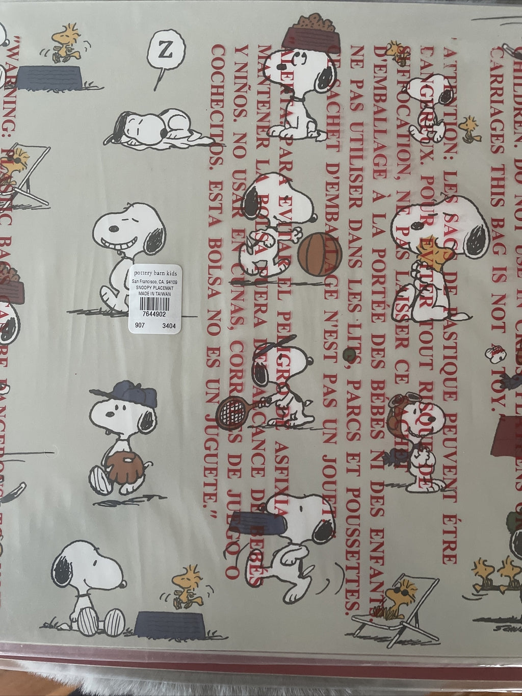 Snoopy Disney Pottery Barn placemat holiday sport soccer baseball school kid .