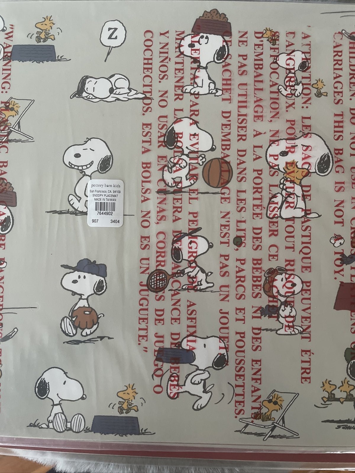 Snoopy Disney Pottery Barn placemat holiday sport soccer baseball school kid .