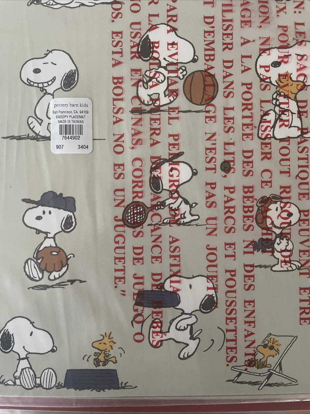 Snoopy Disney Pottery Barn placemat holiday sport soccer baseball school kid .