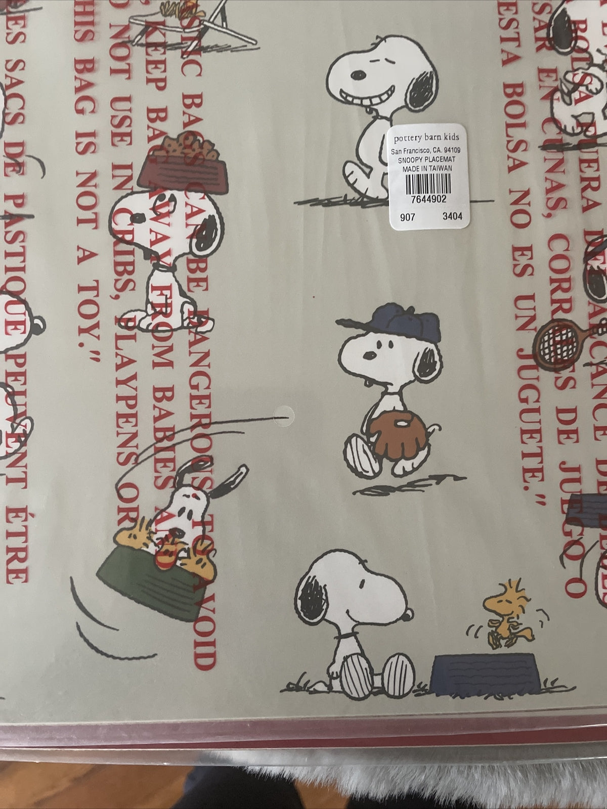 Snoopy Disney Pottery Barn placemat holiday sport soccer baseball school kid .