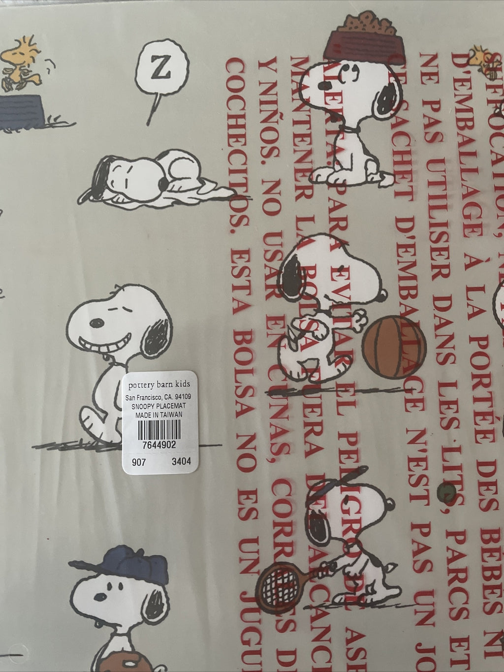Snoopy Disney Pottery Barn placemat holiday sport soccer baseball school kid .