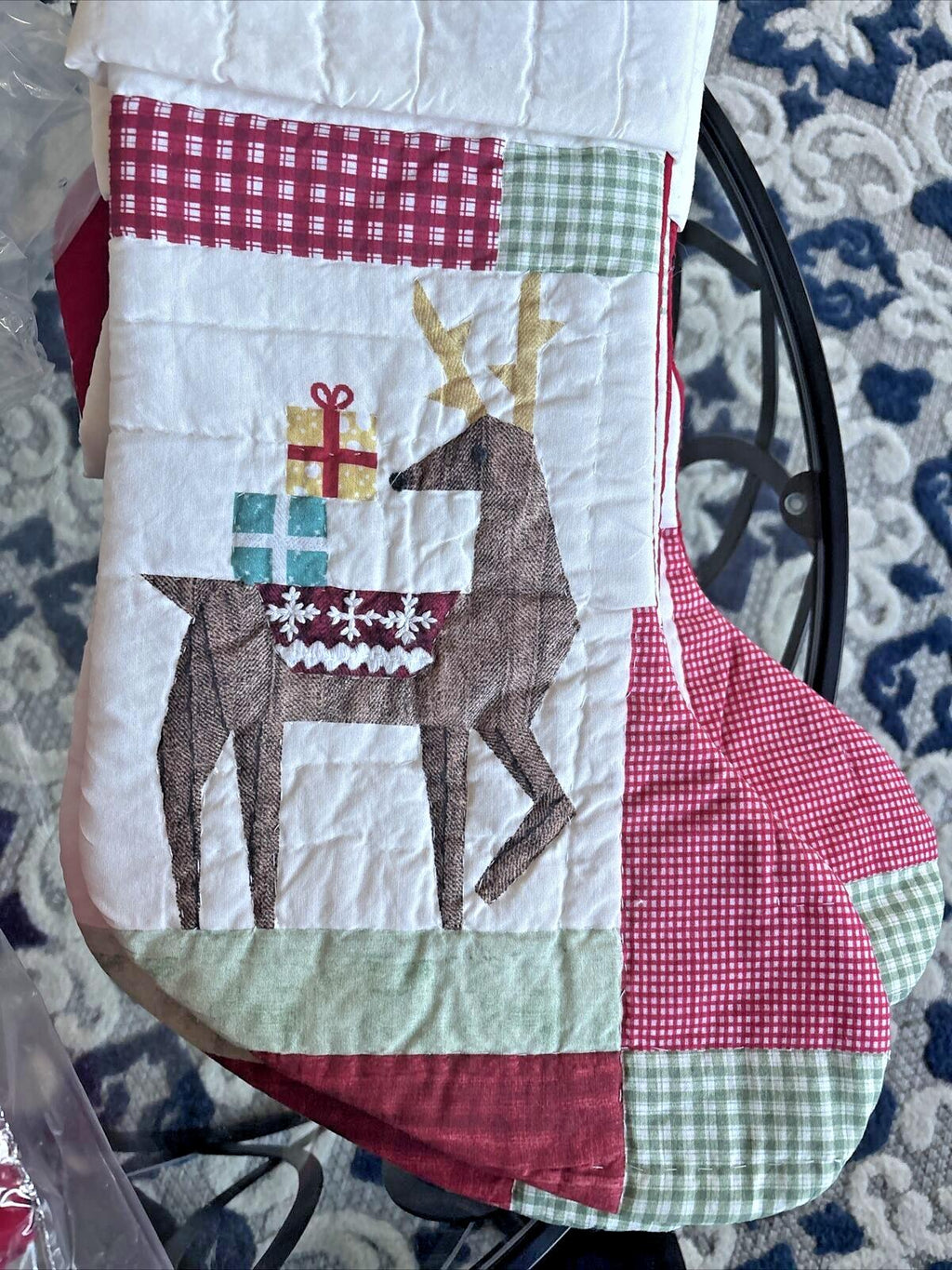 Pottery Barn Holiday Christmas stocking Plaid Deer patch gift party Rudolph kid