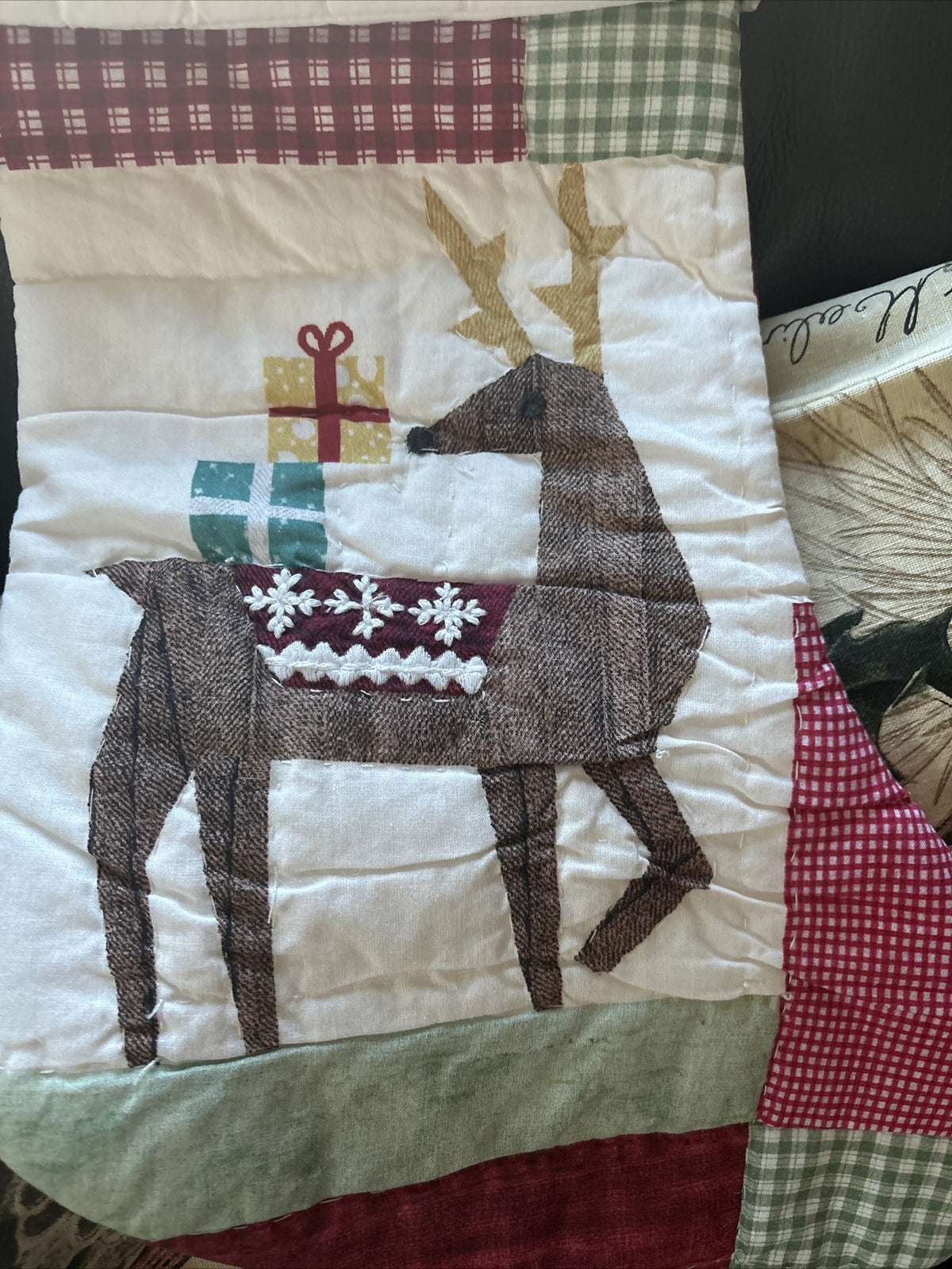 Pottery Barn Holiday Christmas stocking Plaid Deer patch gift party Rudolph kid