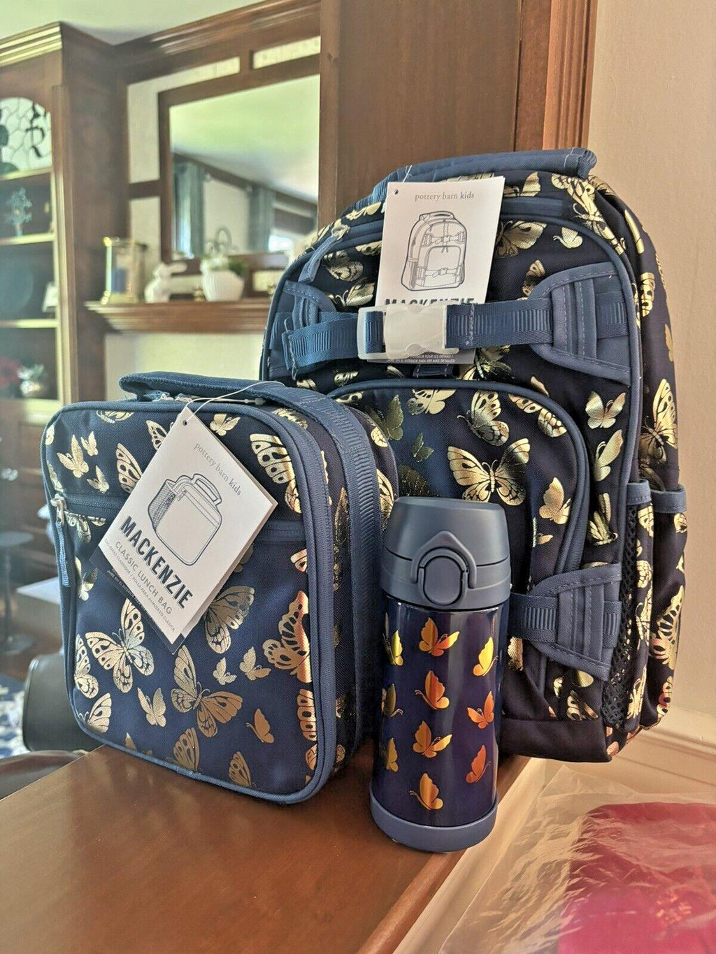 Pottery Barn School Disney glitter BACKPACK +LUNCH bag +Water Travel girl gold .