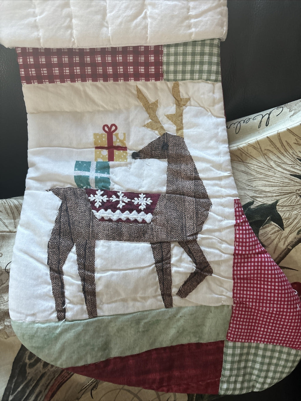Pottery Barn Holiday Christmas stocking Plaid Deer patch gift party Rudolph kid