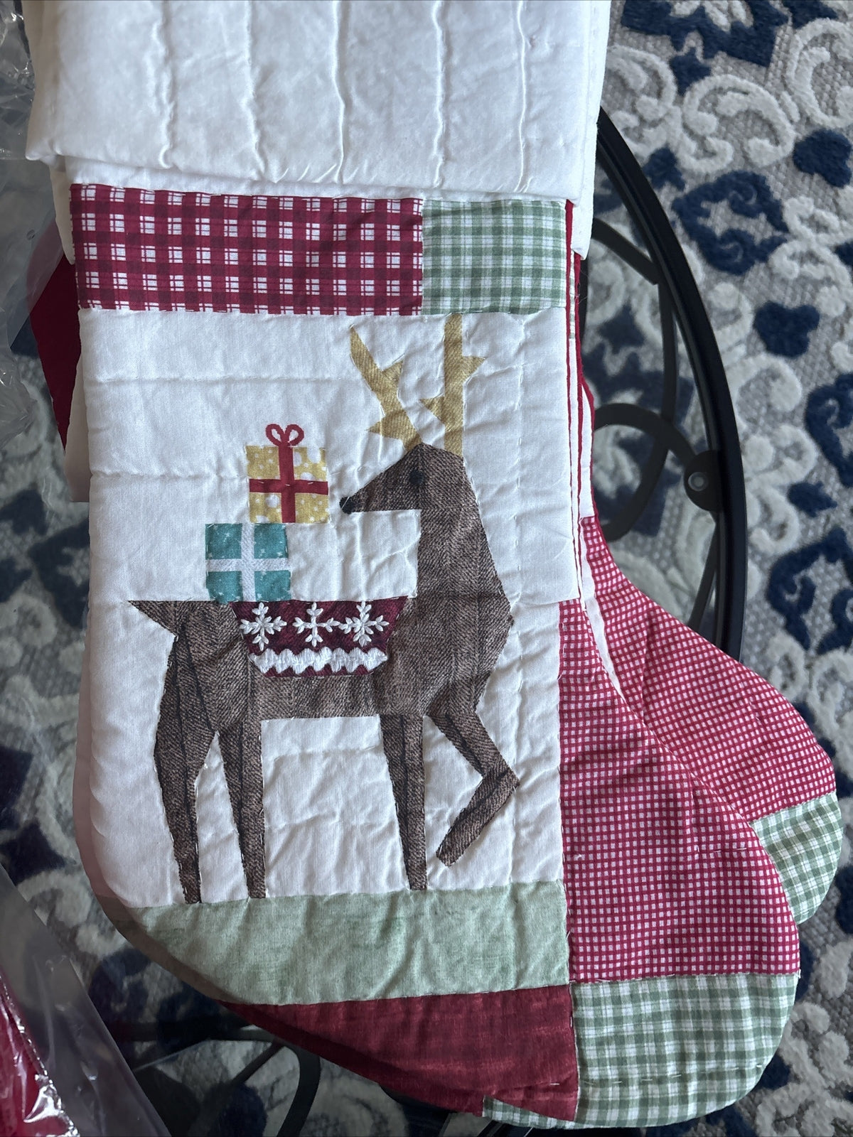 Pottery Barn Holiday Christmas stocking Plaid Deer patch gift party Rudolph kid