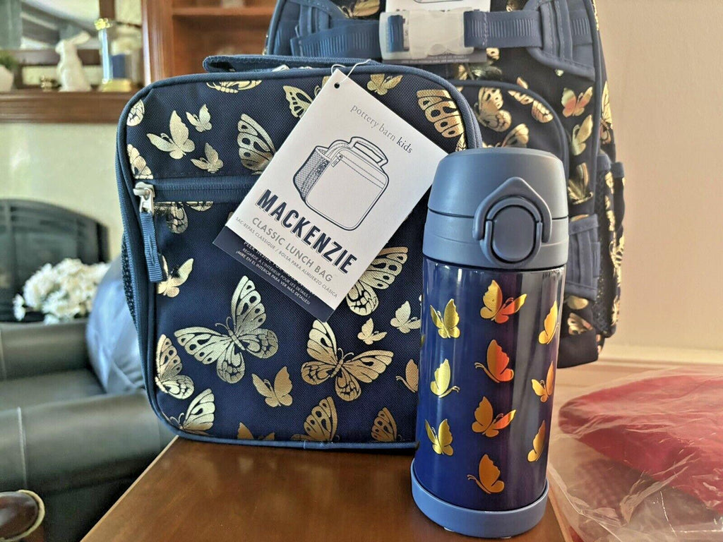 Pottery Barn School Disney glitter BACKPACK +LUNCH bag +Water Travel girl gold .