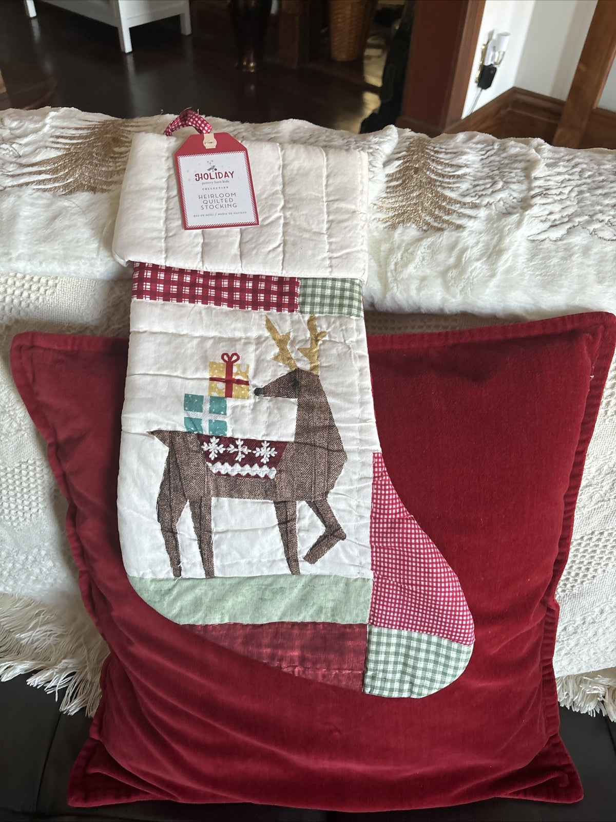 Pottery Barn Holiday Christmas stocking Plaid Deer patch gift party Rudolph kid