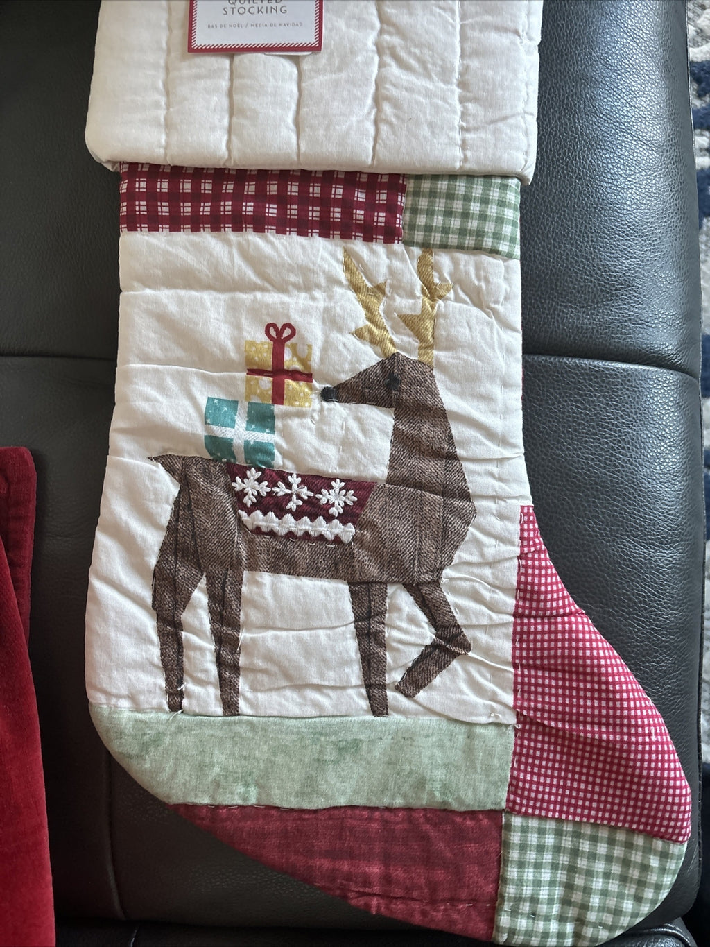 Pottery Barn Holiday Christmas stocking Plaid Deer patch gift party Rudolph kid