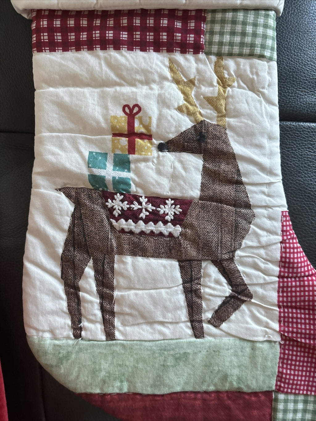Pottery Barn Holiday Christmas stocking Plaid Deer patch gift party Rudolph kid