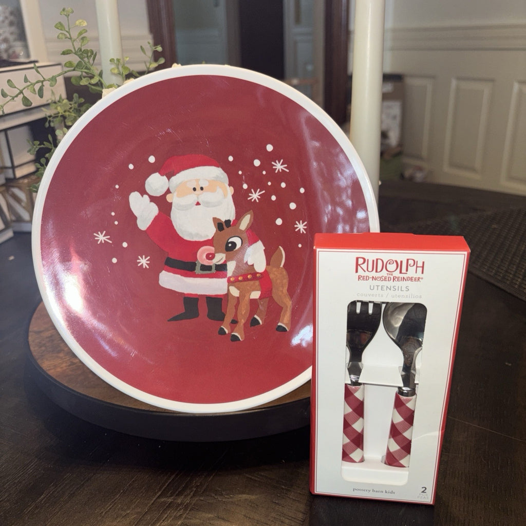 Pottery Barn holiday Rudolph Reindeer Santa Christmas PLATE+ UTENSIL party SET 2