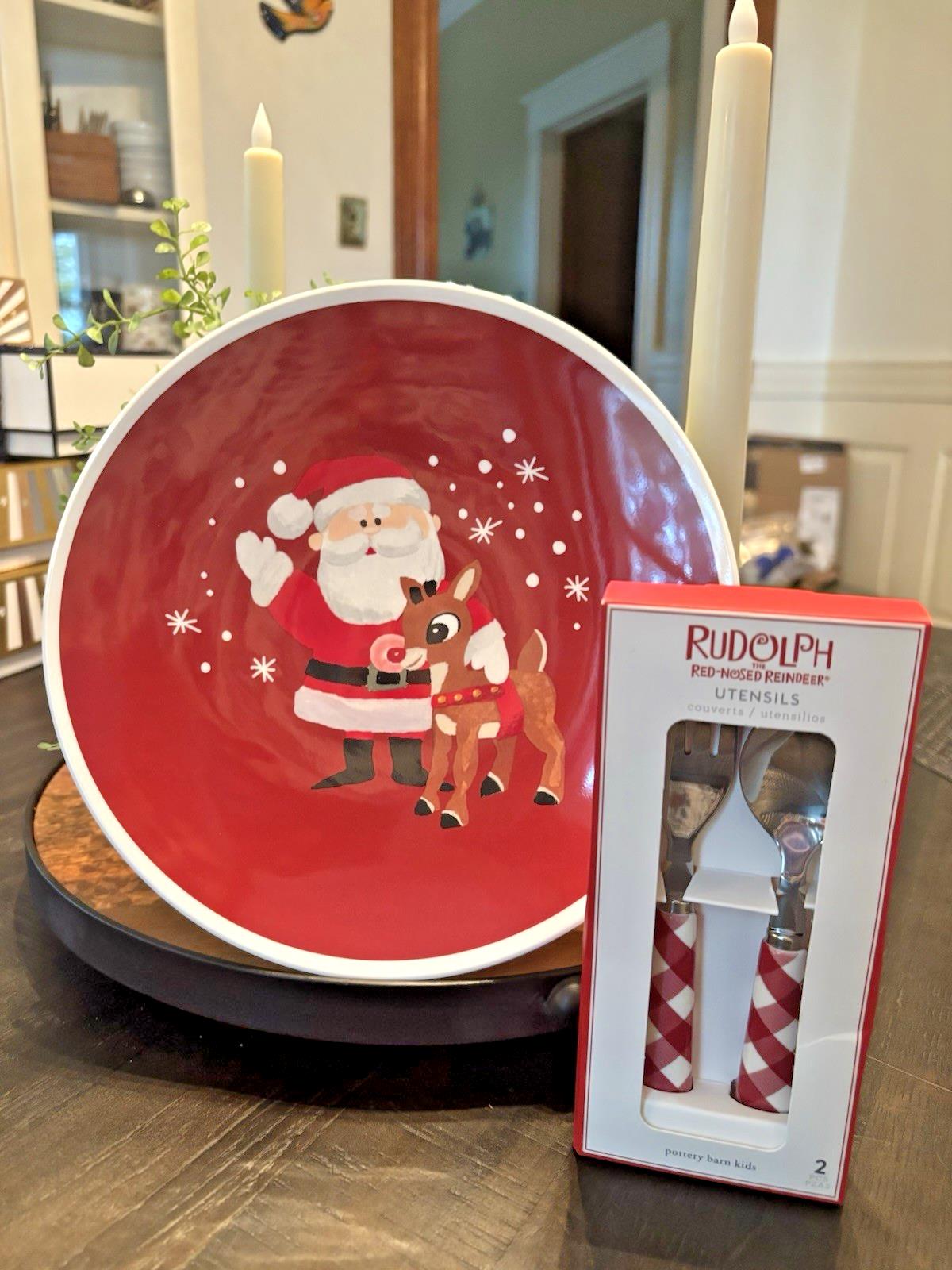 Pottery Barn holiday Rudolph Reindeer Santa Christmas PLATE+ UTENSIL party SET 2