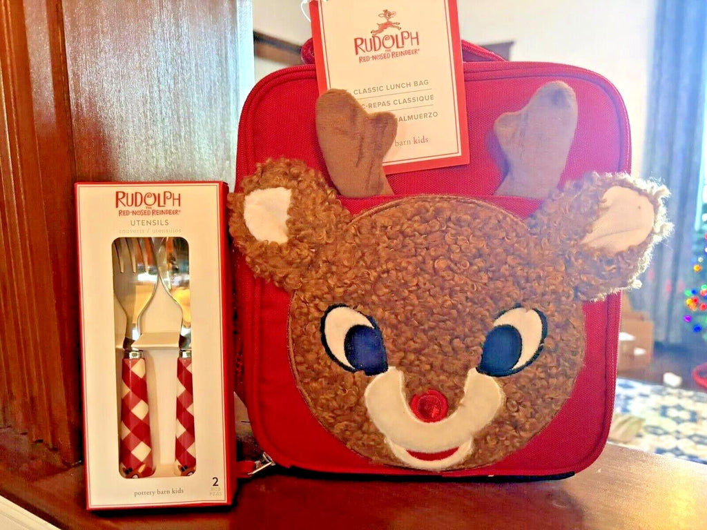 School Pottery barn LUNCH BAG+UTENSIL SET PRE holiday RUDOLPH CHRISTMAS KIDs n