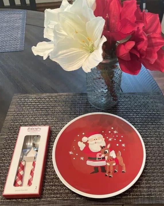 Pottery Barn holiday Rudolph Reindeer Santa Christmas PLATE+ UTENSIL party SET 2