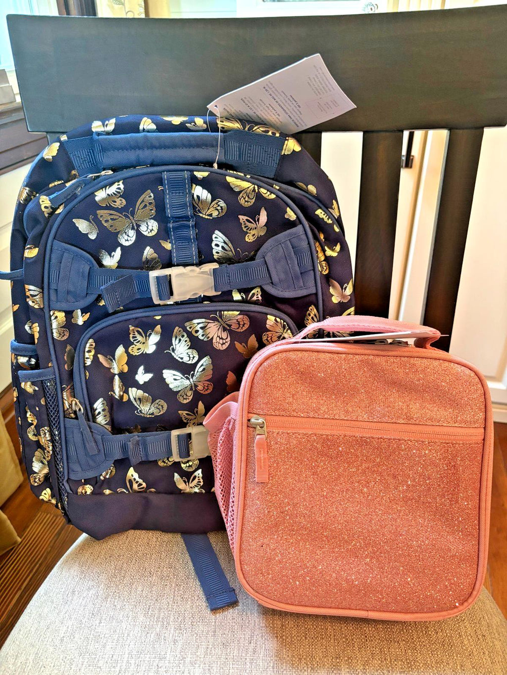 Pottery Barn School Disney glitter BACKPACK +LUNCH bag +Water Travel girl gold .