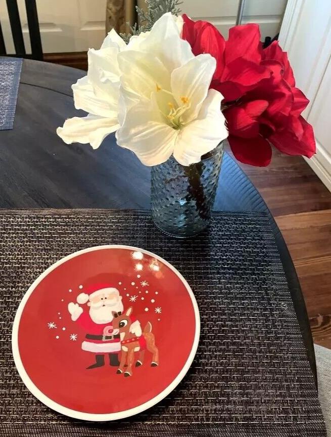 Pottery Barn holiday Rudolph Reindeer Santa Christmas PLATE+ UTENSIL party SET 2