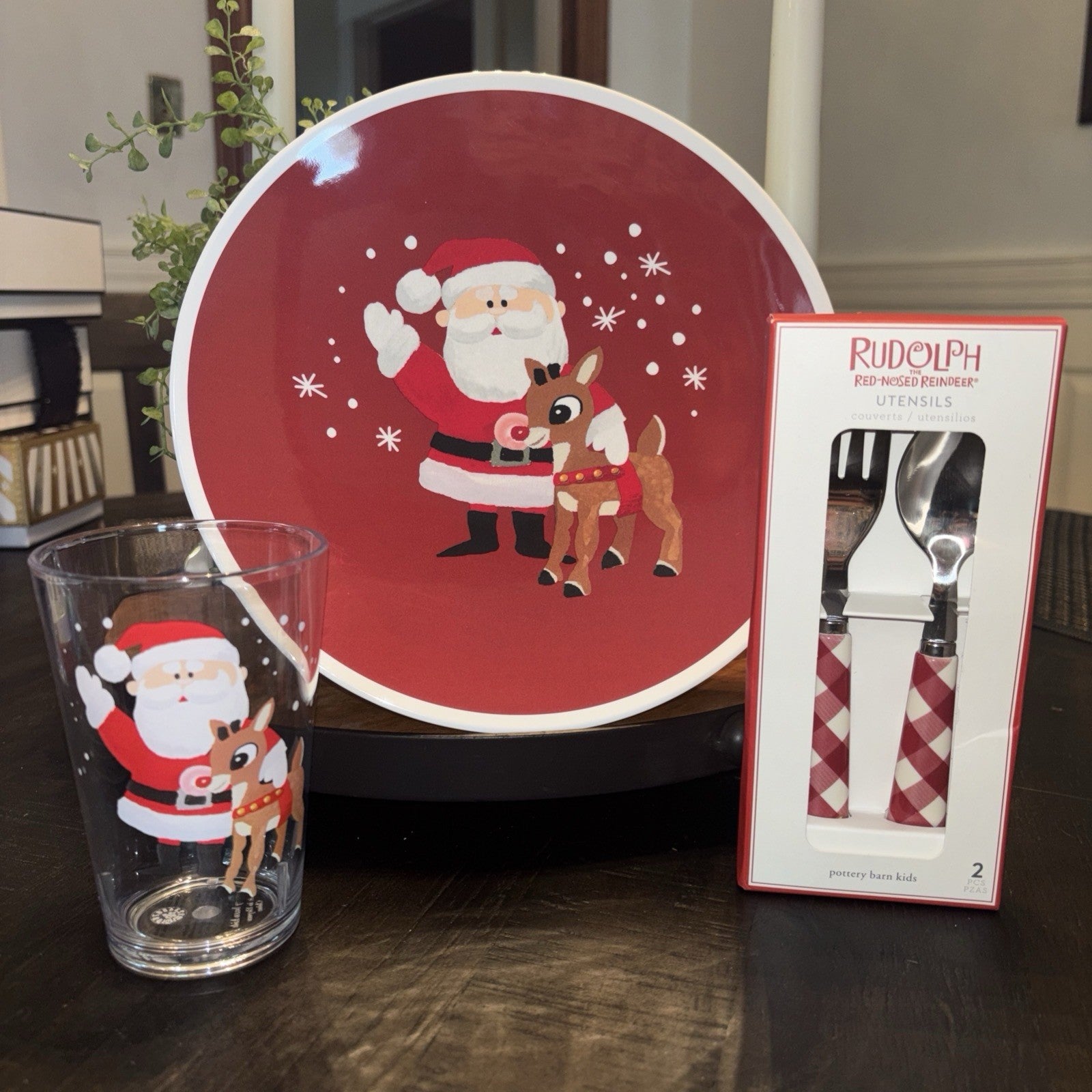 Pottery Barn holiday Rudolph Reindeer Santa Christmas PLATE+ UTENSIL party SET 2