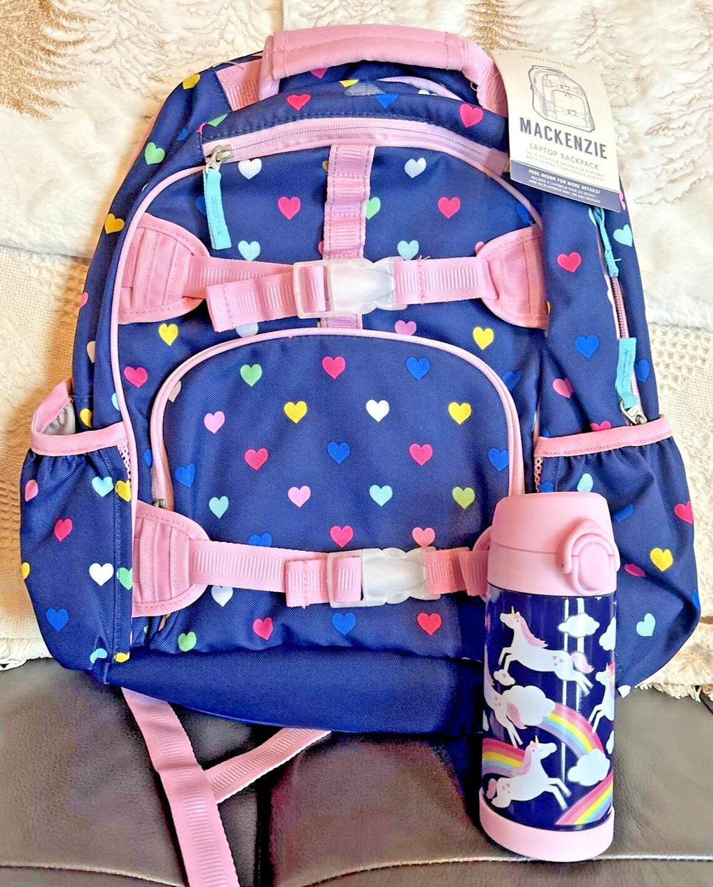 Disney School Pottery barn LARGE Backpack Travel Bag Rainbow heart + Water ?? ]