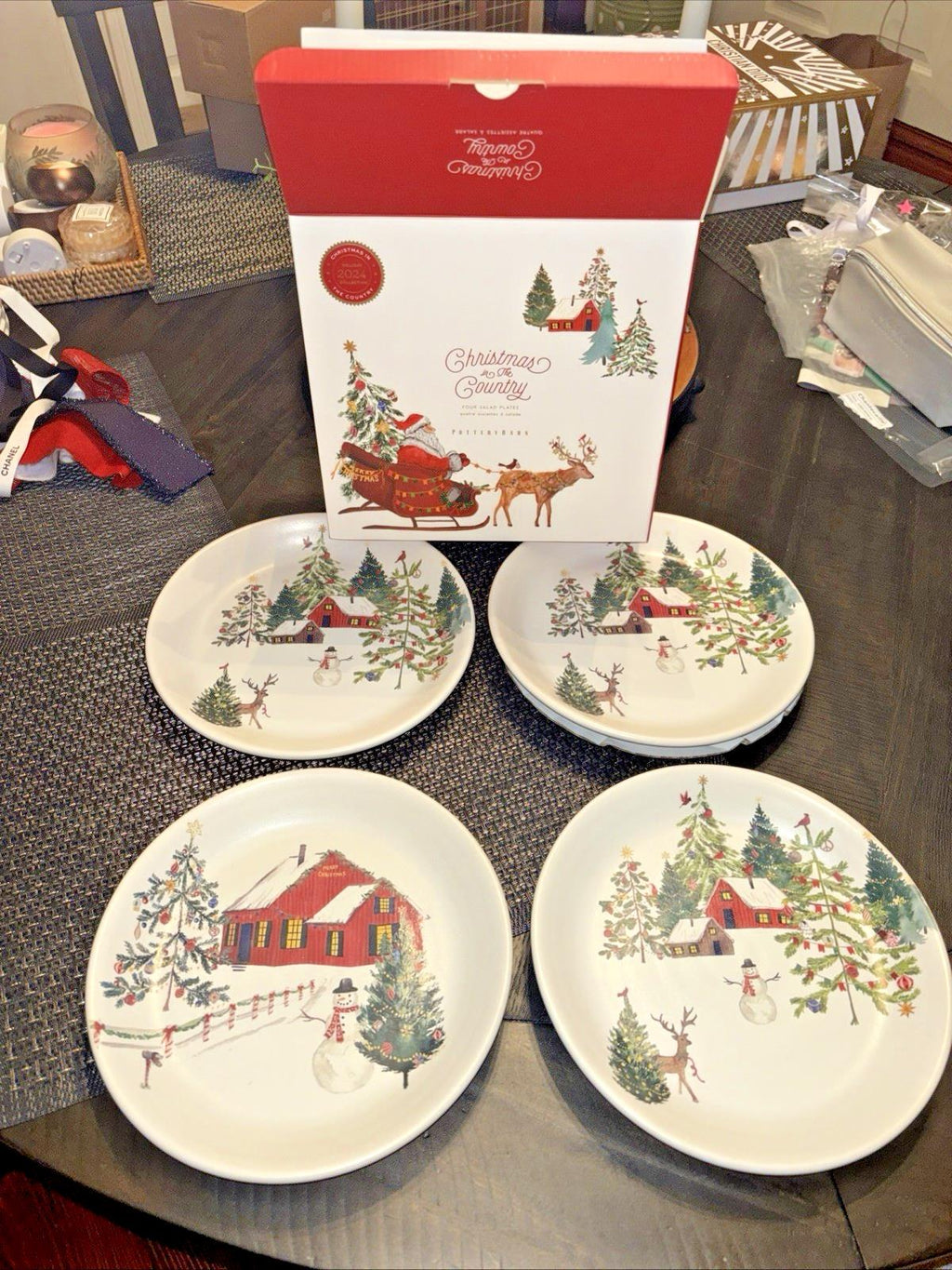 pottery barn Christmas Country Santa holiday Snowman gift kid Salad plate SET 4n