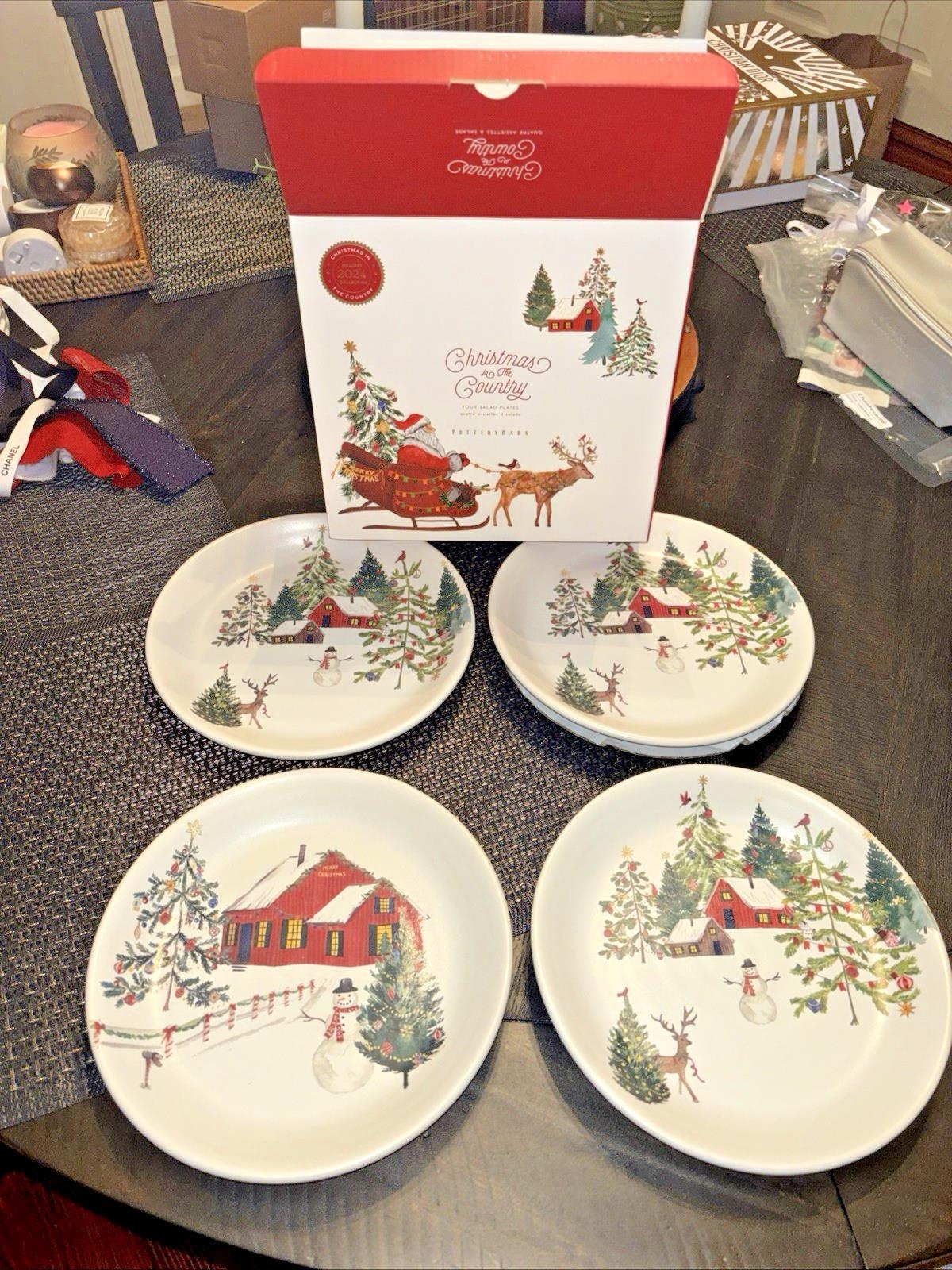 pottery barn Christmas Country Santa holiday Snowman gift kid Salad plate SET 4n