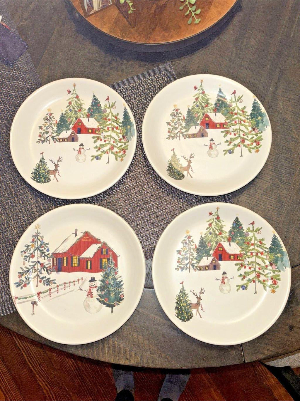 pottery barn Christmas Country Santa holiday Snowman gift kid Salad plate SET 4n